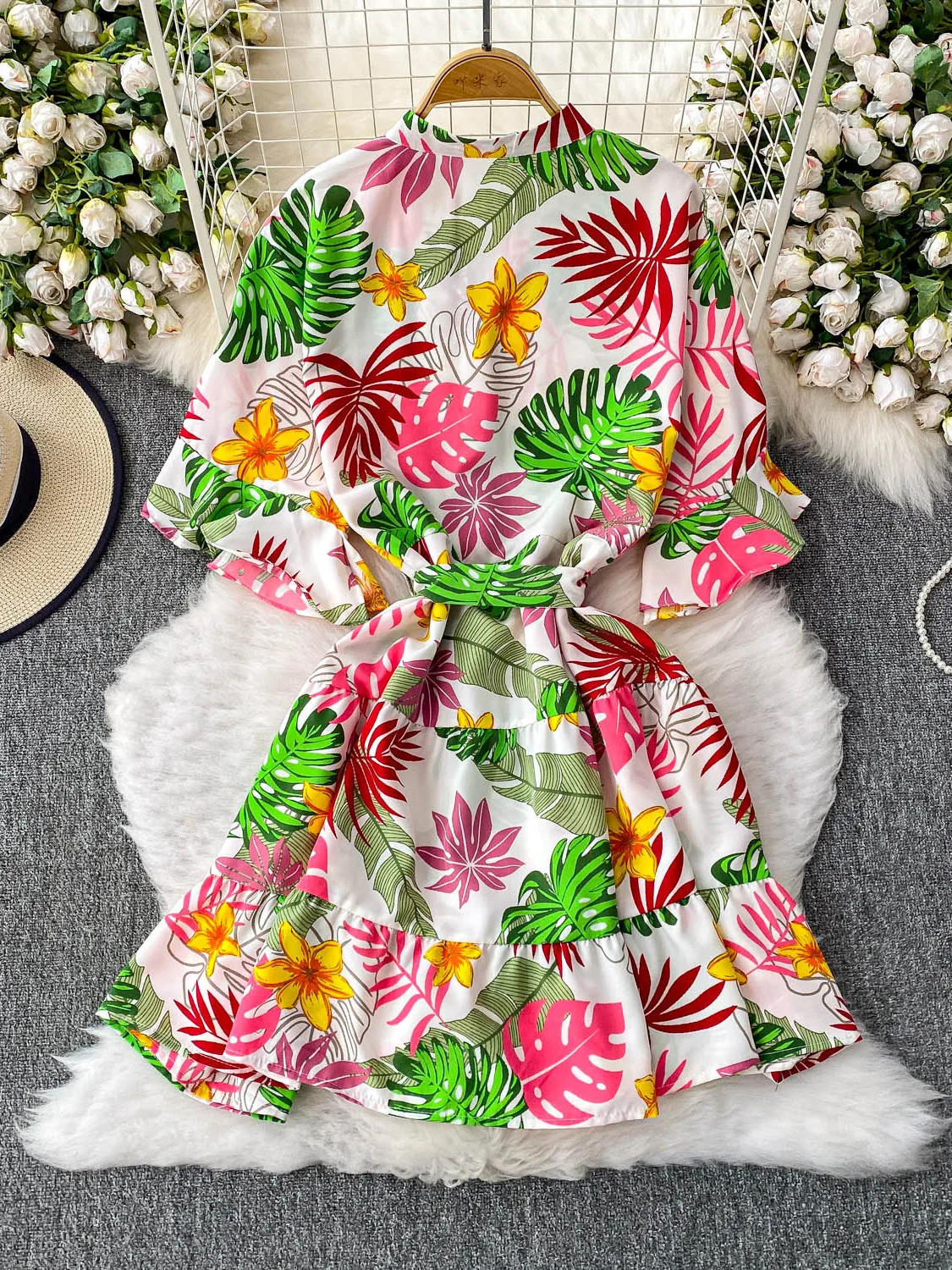 Holiday Dress Women's Summer Printing Strap Waist Thin Ruffle Edge Casual Loose Dress Boho Beach