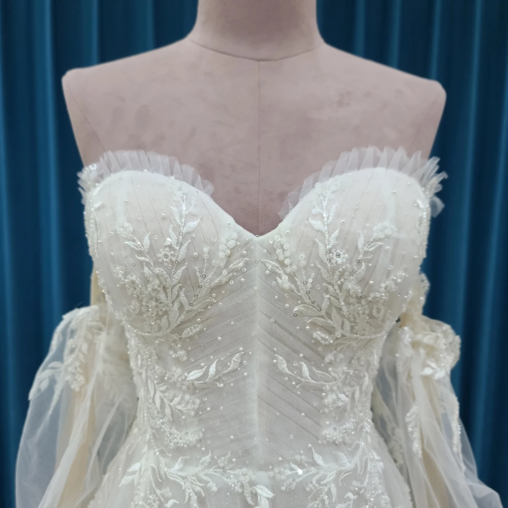 Vestido de novia de diseño Popular de princesa para mujer, traje de novia de línea a con cremallera, mangas completas, LSSM016, 2024