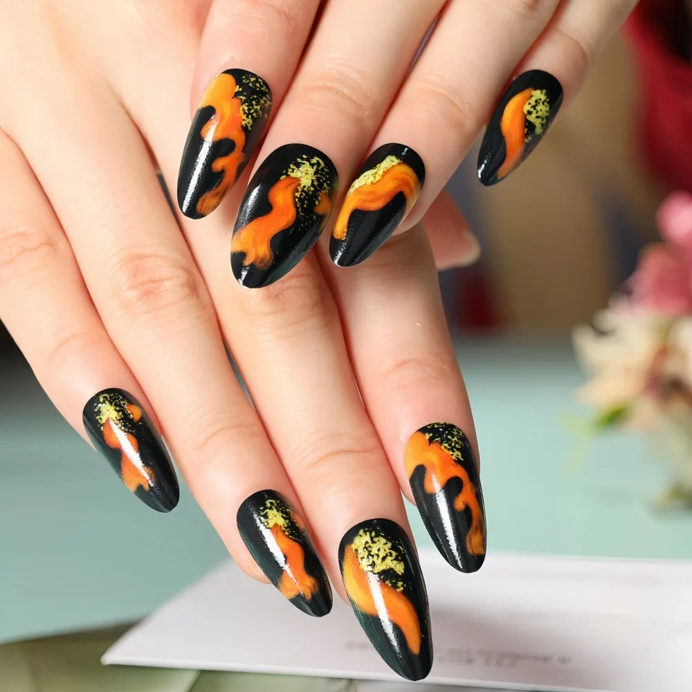 

The Year Of The Loong Series Almond Fake Nails Wearable Manicure Pointed Head 3D Long Fake Nails Full Cover Press on Nails Girl