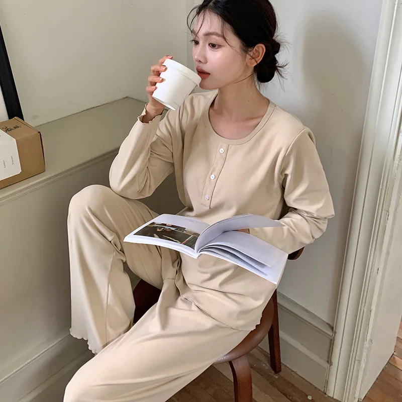 Autumn And Winter New Button Home Clothes For Women, Solid Color Loose Fitting With Chest Cushion Set, Double-sided Brushed Prin