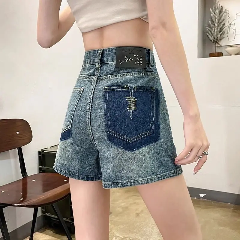 New Retro Women's New High-waisted Slim A-line Wide-leg Contrast Denim Shorts