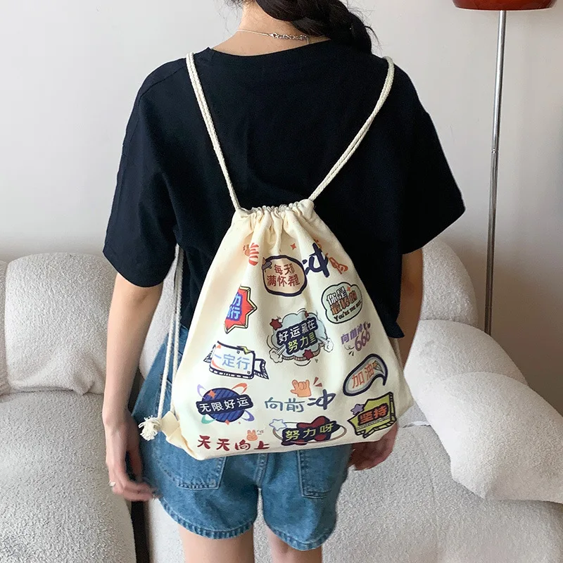 Canvas Bag for Women 25 New Model, Multi-Purpose Drawstring Pocket Large Capacity Canvas Bag Backpack Cute and Simple Cloth Bag