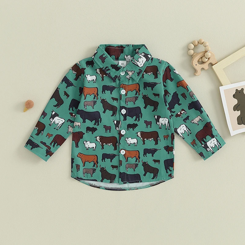 2023-07-19 Lioraitiin 6M-4T Baby Boy Clothes Western Cow Print Shirt Long Sleeve Country Dress Shirt Tops Toddler Outfit