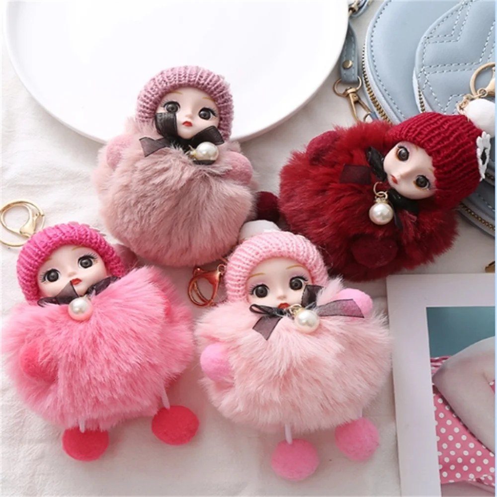 Accessories Jewelry Gift Ball Pendant Cars Key Ring Backpack Sleeping Baby Doll Fluffy Plush Doll Pompom Keyring Plush Keychain