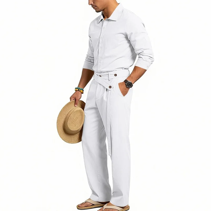 

Мужской льняной повседневный комплект для всех сезонов: свободная рубашка с отложным воротником и брюки с длинным рукавом. Оптом.