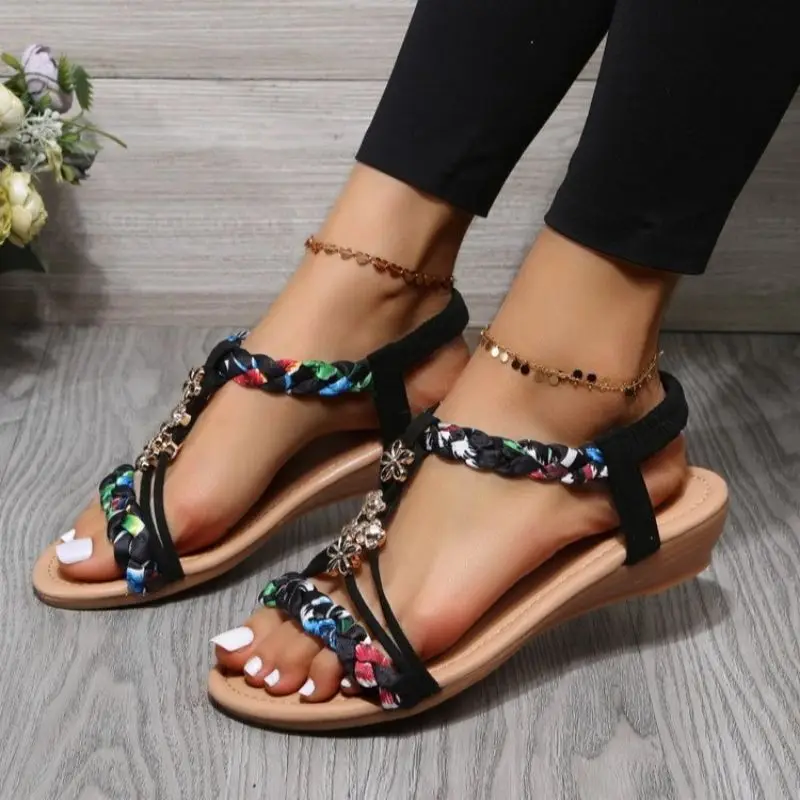 Women Wedges Bohemian Sandals Summer 2023 Flower Non Slip Beach Sandalias Mujer Elastic Band Low Heels Roman Shoes Woman