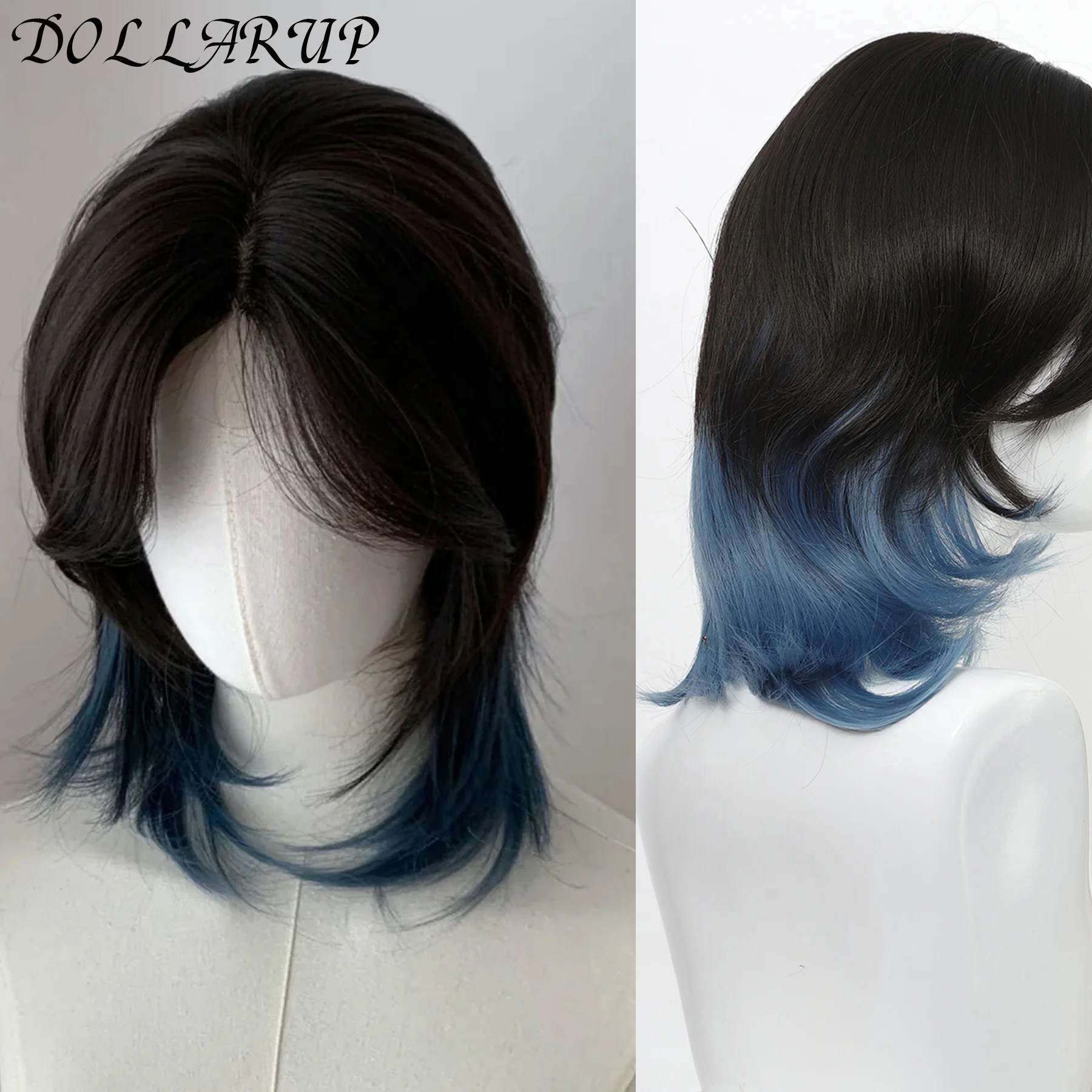 DOLLARUP Black blue Layered Mullet Head Short Straight Synthetic Wig Lolita Cosplay Fluffy Wolf Tailed Wig for Daily Party