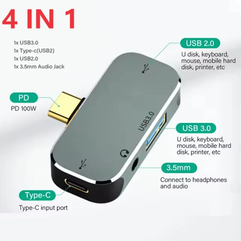 PD100W Type-C Uitbreidingshub USB C naar HDMI USB 3.0 USB3.1 3,5 mm Jack Converter Connector USB Extender PC Computer Laptop Splitter