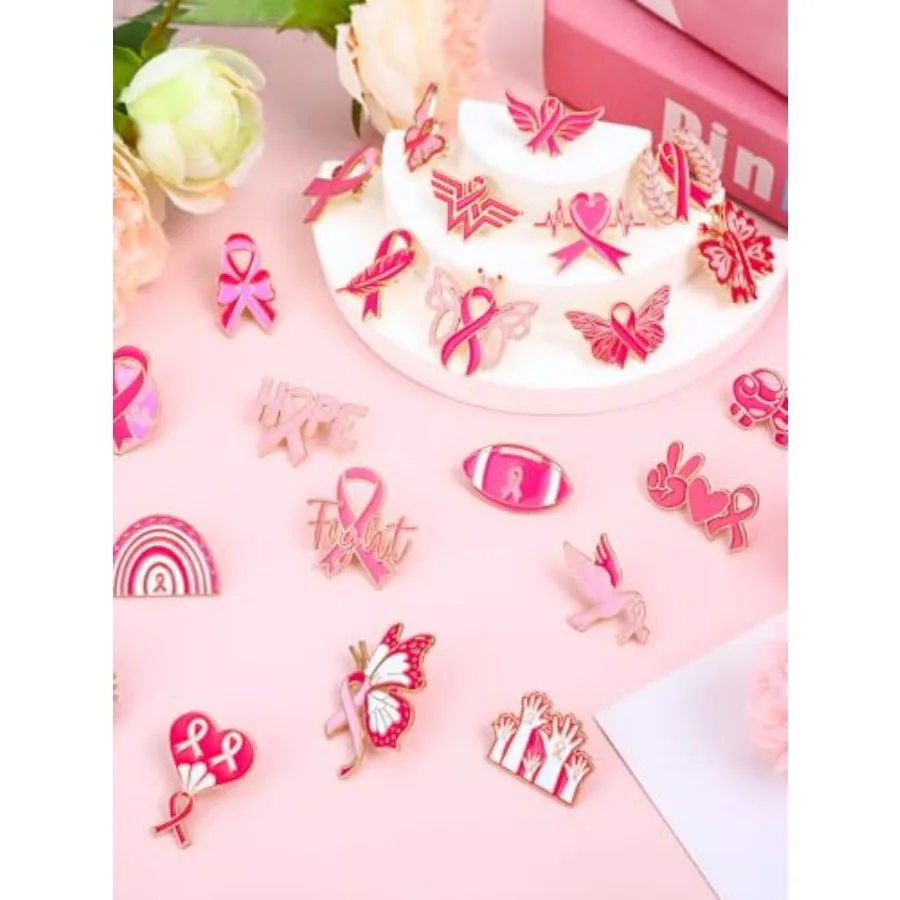 28 قطعة دبابيس المينا للتوعية بسرطان الثدي مع الشريط الوردي وتصميم الفراشة للناجين والنصحين دبابيس التلبيب المثالية fo