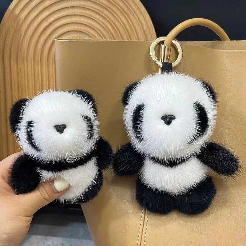 Small Panda Plush Doll Keychains for Women Girls Cute Imitation Mink Fur Panda Key Chains Rings Keyring Holder Charm Bag Gifts