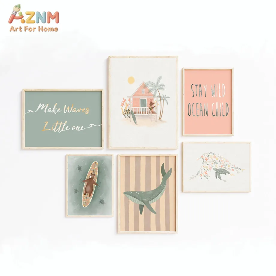 AZNM Coastal Ocean Whale Surfing Bear Turtle Beach House Typography Canvas Wall Art Soft Watercolor Nursery Unframed Print For K