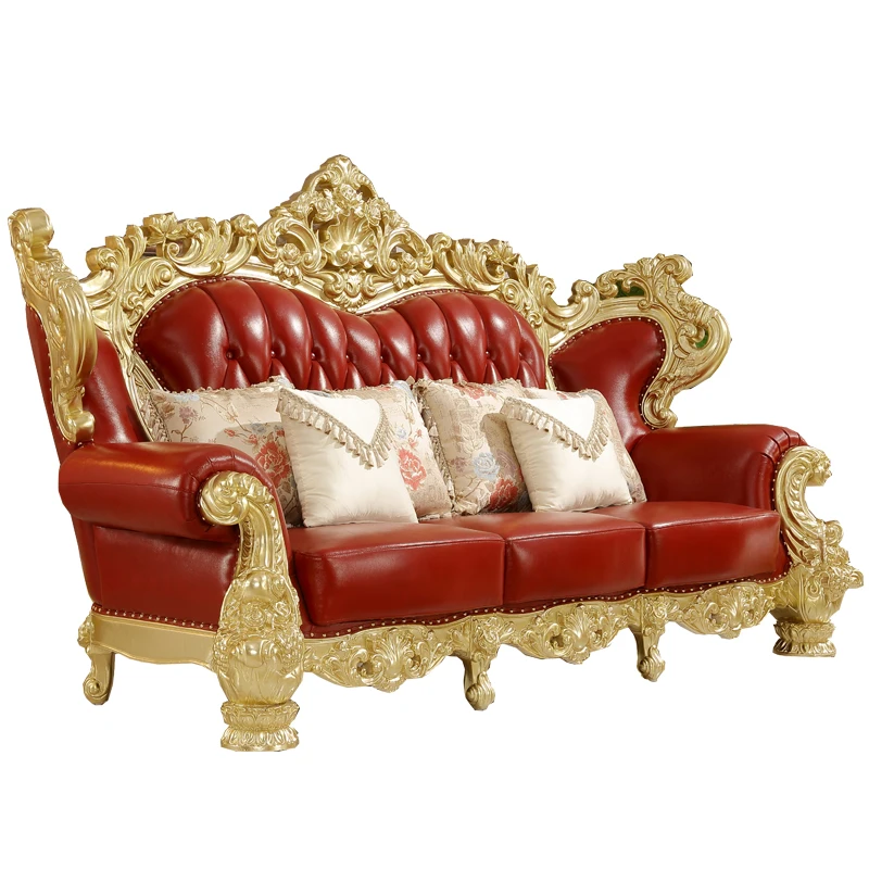 

European style leather sofa 1234 combination solid wood carved flower living room large apartment villa