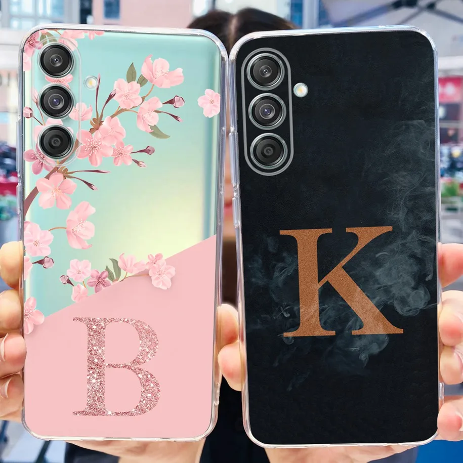 For Samsung Galaxy M55 Case SM-M556B Silicone Cover Fashion Flower Letters Clear TPU Soft Bumper For Samsung M55 F55 C55 5G Case