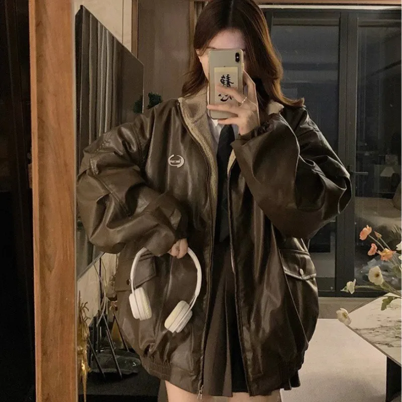 Fashion Leather Jacket Women Wear on Both Sides Lamb Fleece Coat Thickened  Windproof Cuff Warm Stand Collar Winter Cotton Coat