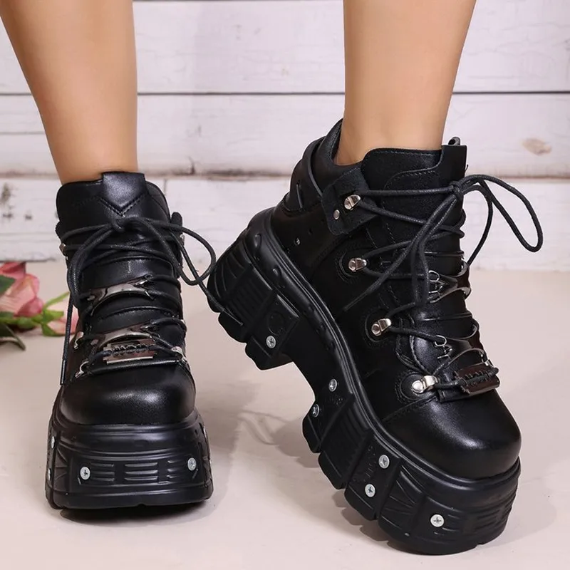 New 2026 Women Shoes Punk Style Lace-up Heel Height 8CM Platform Shoes Woman Gothic Ankle Rock Boots Metal Decor Woman Sneakers view 6