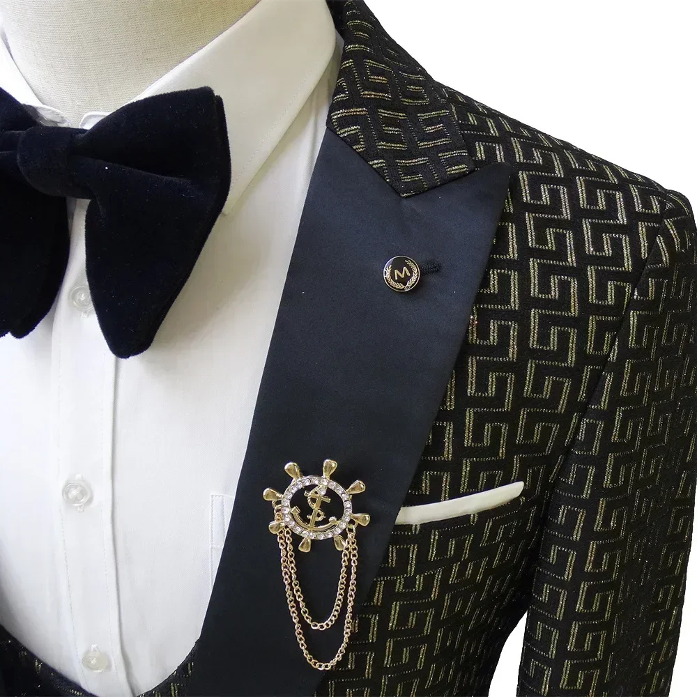 Fato estampado palaciano de 3 peças masculino, fantasia de casamento para estrada, terno preto e branco, roupa masculina, 2024