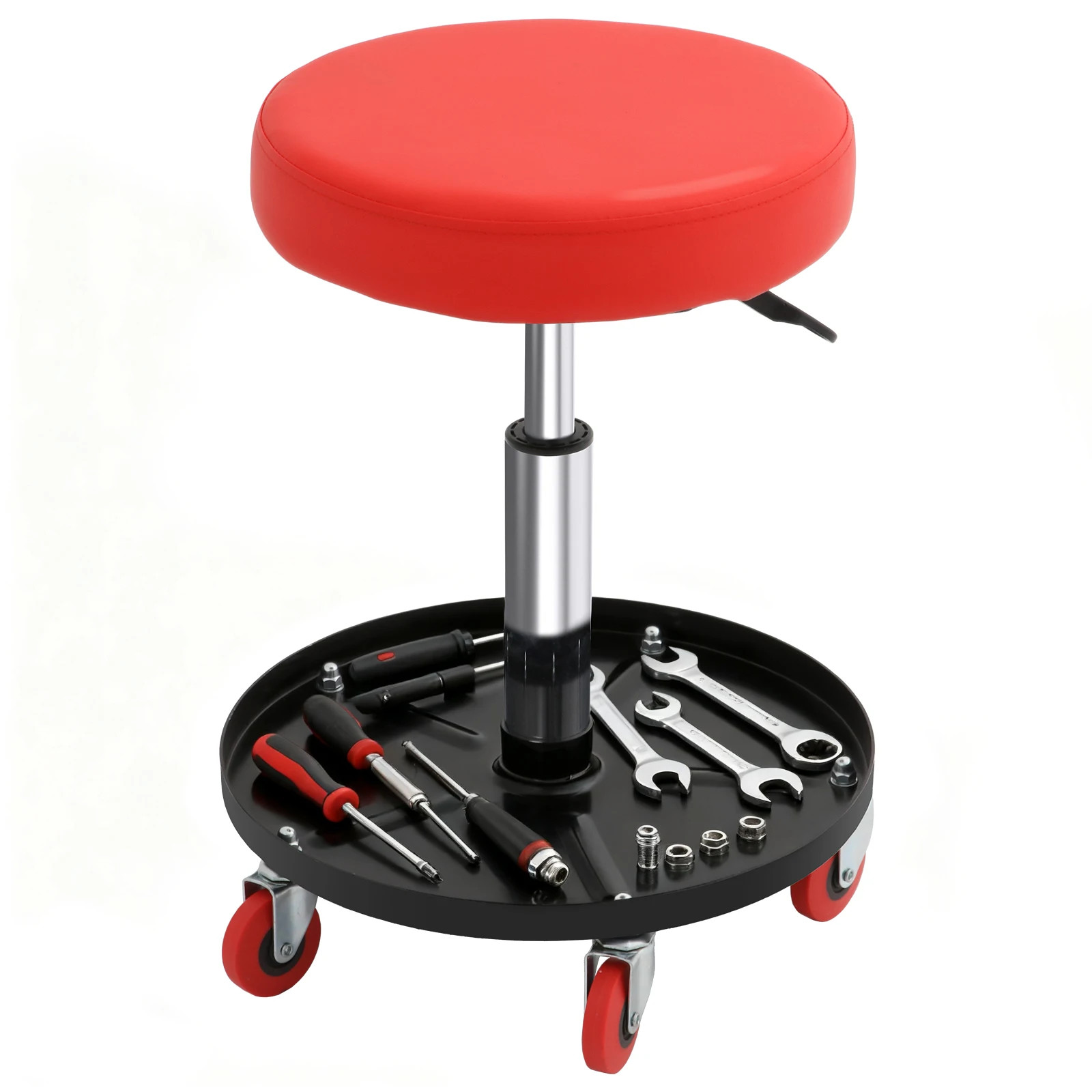 Taburete taller mecánico regulable 40-55cm, giratorio 360°, bandeja portaherramientas, ruedas móviles, asiento piel sintética impermeable, carga 113kg taller automoción