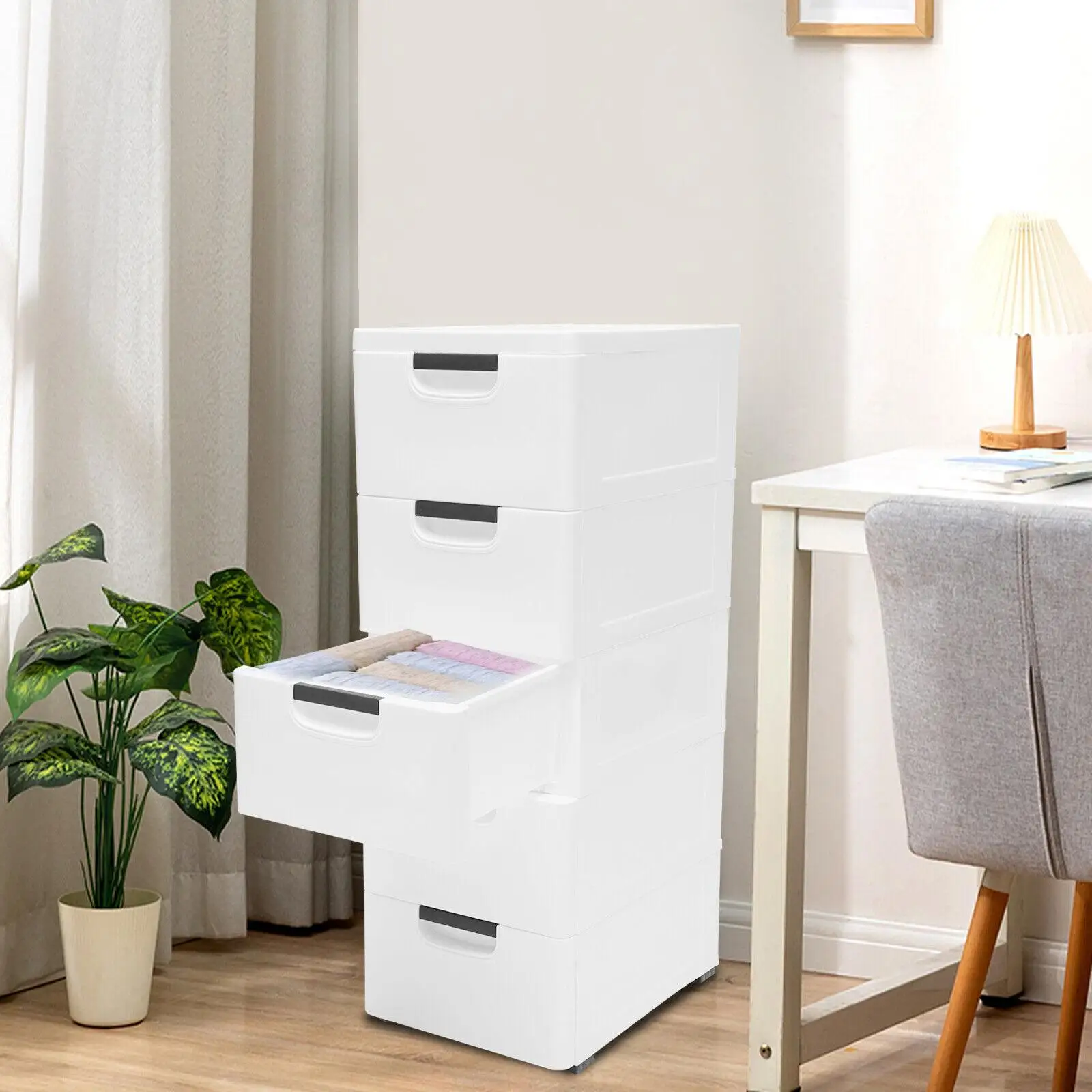 White 5 Tier Storage Cabinet Plastic Storage Cabinet with Drawers,Vertical Clothes Storage Cabinet with Wheels for Bedroom