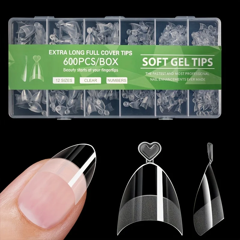 600 Pieces of French Short-Style Nail Tips - Short Oval Fake Nails, 12 Sizes of Transparent Nail Tips with Box, Natural Semi-Covering Fake Nails, Acrylic Fake Nails Suitable for Nail Salons and Home Use