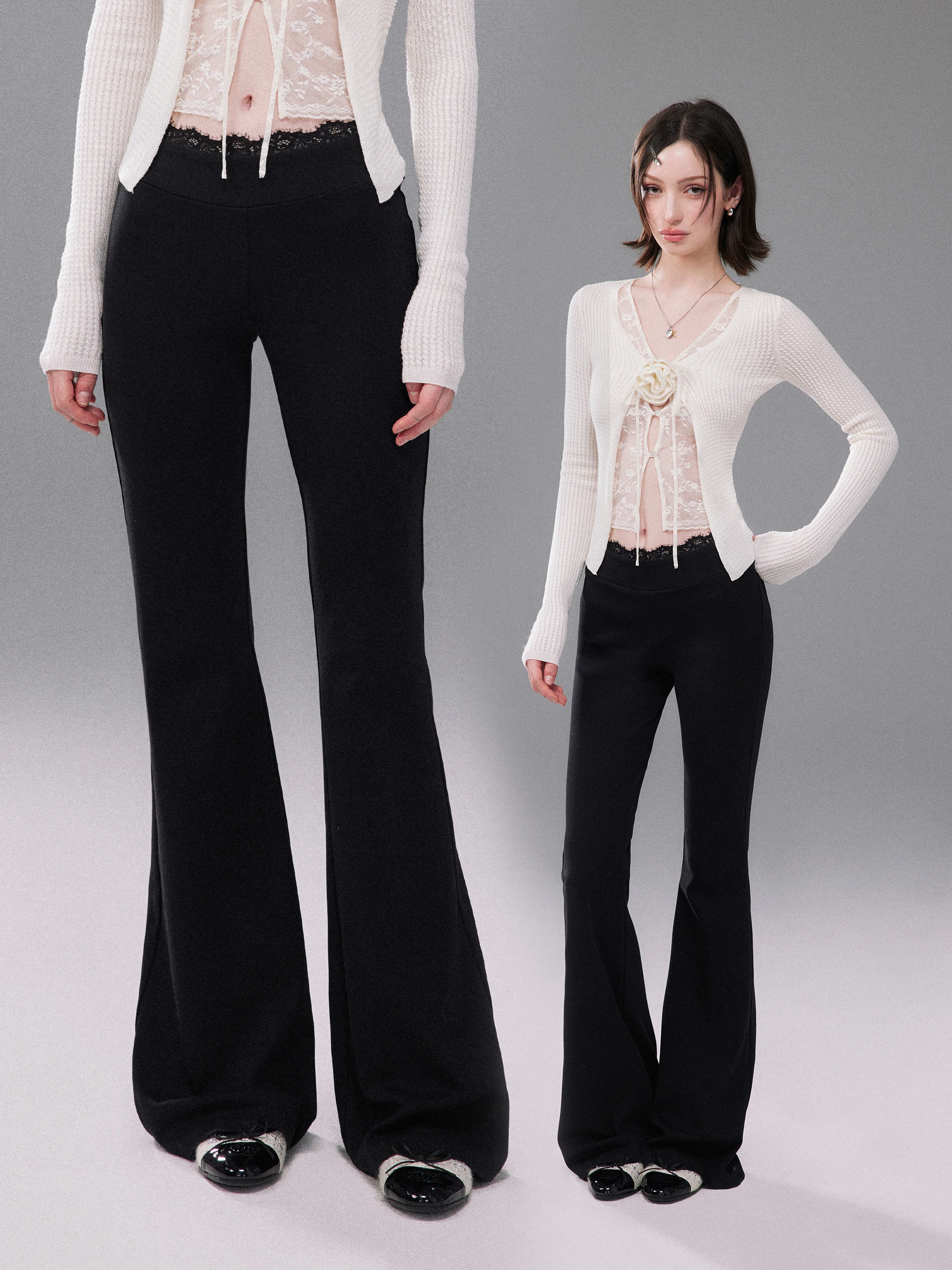 

Mess Studio Casual Loose Flared Pants Women's Soft Lace Waist Black Slimming Comfortable Cotton Spring Fashion Ladies