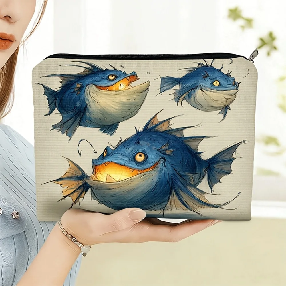 1 Piece Hand-Painted Blue Fish Pattern Makeup Bag - Multifunctional Zipper Pouch for Women, Perfect Travel Zipper Storage Bag, Fun Birthday Gift