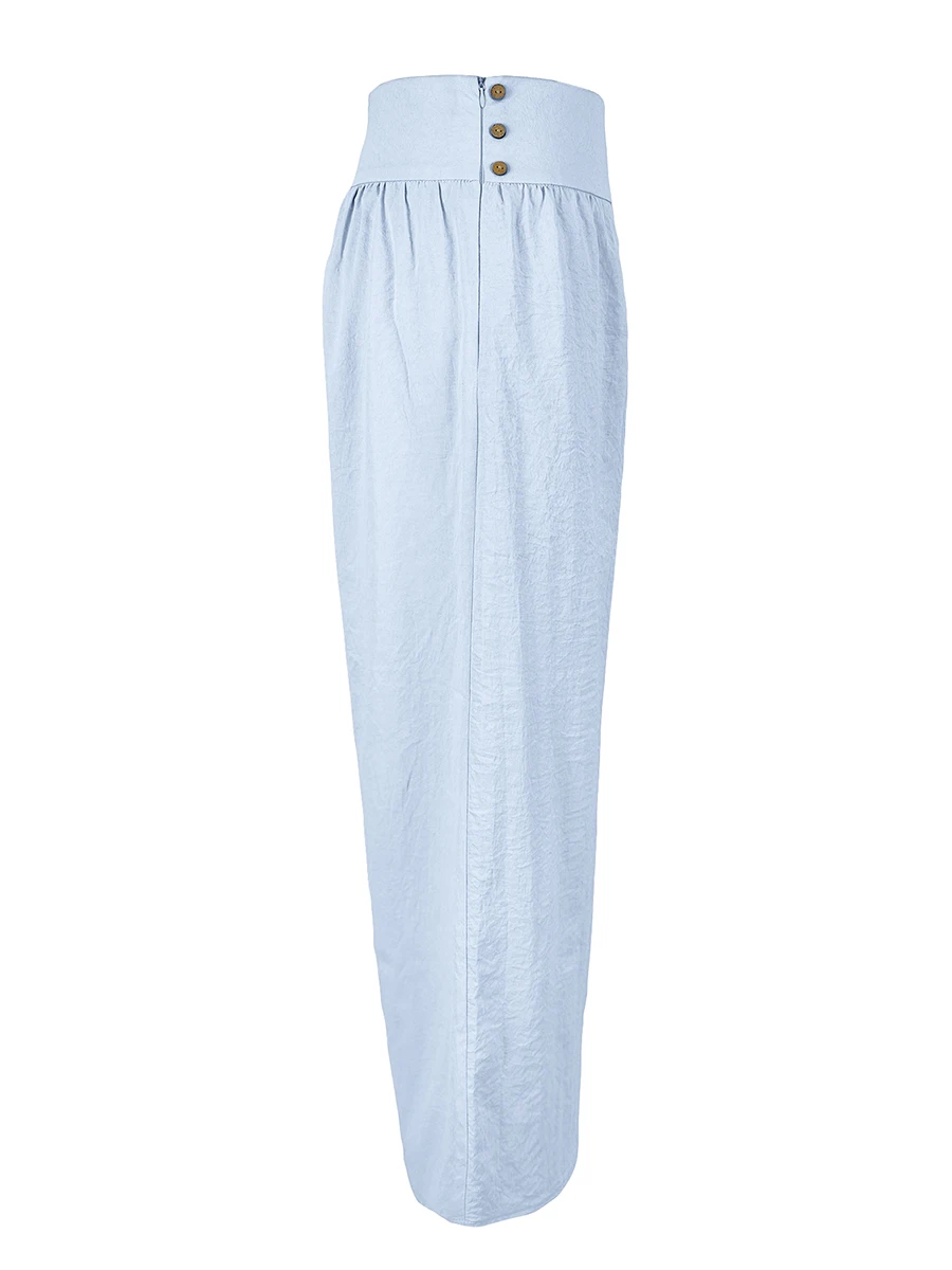 Hochgeschnittene Weite Palazzo-Hose für Damen, Lose Plissierte Hose mit Knopfdetails, Bohemian Casual Lange Hose, Elegante Modehose – Detail 5