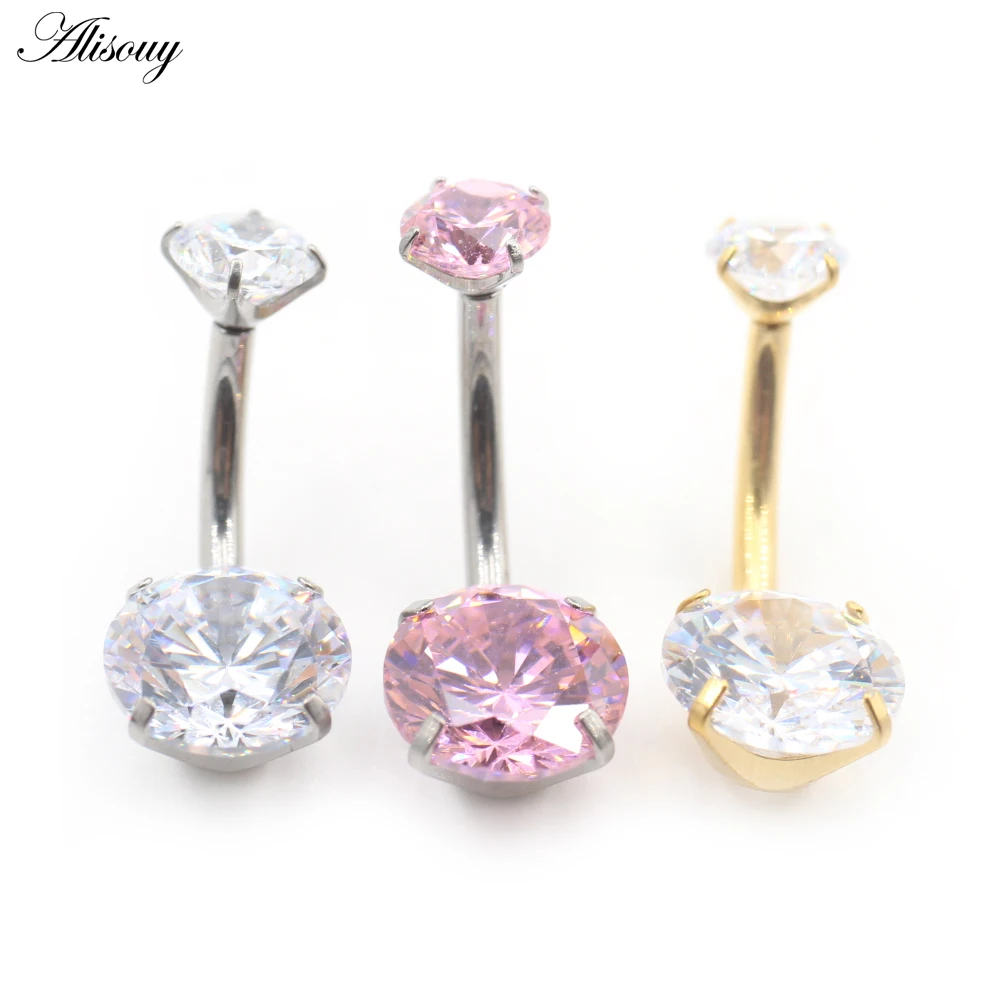 Alisouy 1PC Sexy Internally Threaded Titanium Barbell Double Round Zircon Women Belly Button Navel Rings Piercing Body Jewelry