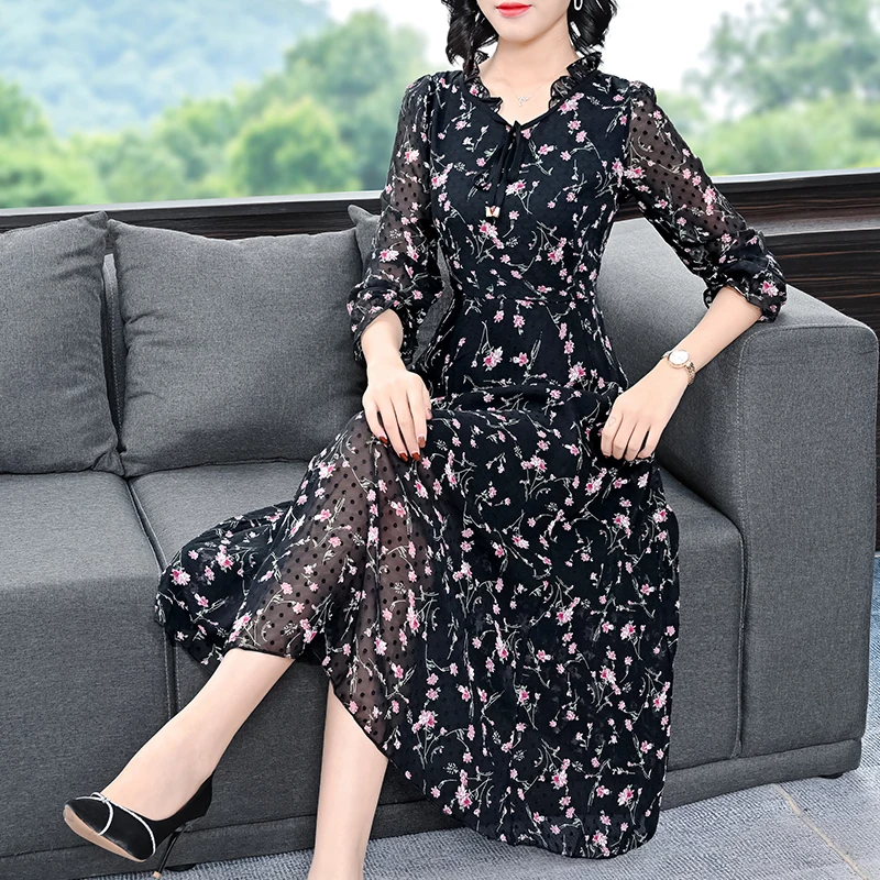 

2024 Spring Autumn Floral Chiffon Midi Dress Vintage Casual Elegant Print Dress Bodycon Long Sleeve Party Evening Vestidos