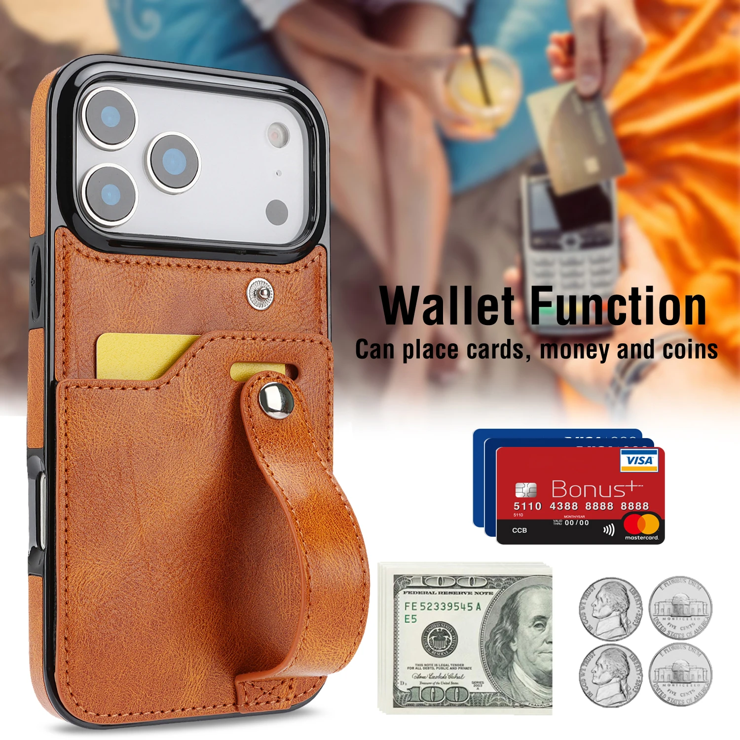 Cards Solt Wallet Wrist Band Leather Case for IPhone 17 16 15 Pro Max 12 13 11 XS X XR 15Plus Bracket Wristband KickStand Cover