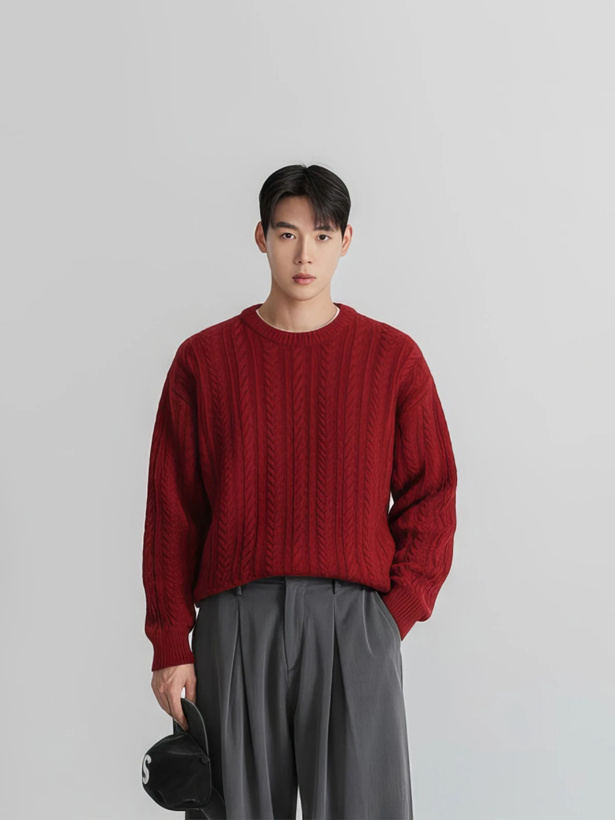 

Loose Fit round Ne Knitted Sweater Men's Red Floral Patterned Knitwear New Year Celebration Casual Top Korean Sle Long Sl...