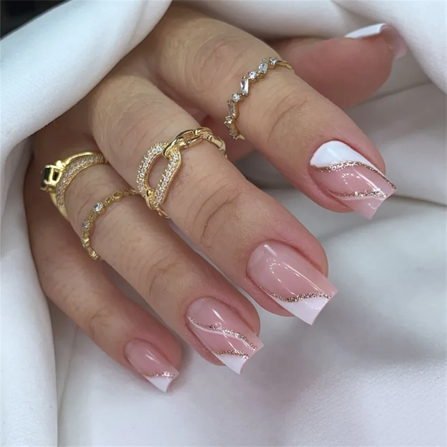 

24Pcs Glitter Powder False Nail Art White Edge French Press On Nail Sticker Finished Fake Nails For Women With Jelly Gel