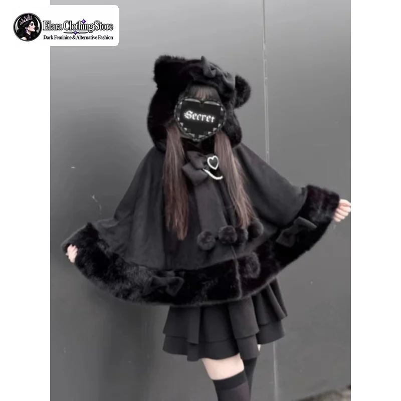Elara Winter New Y2k Style Furry Bow Cat's Ears (Steamed Cat-ear Shaped Bread) Hooded Cloak Women's Warm Sweet Woolen Coat Coat