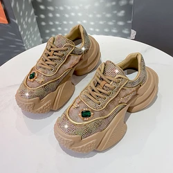 Women Summer Sequins Chunky 8cm Platform Sneakers Mesh Breathable Lace Up Woman Fashion bling crystal Height Increase Shoes