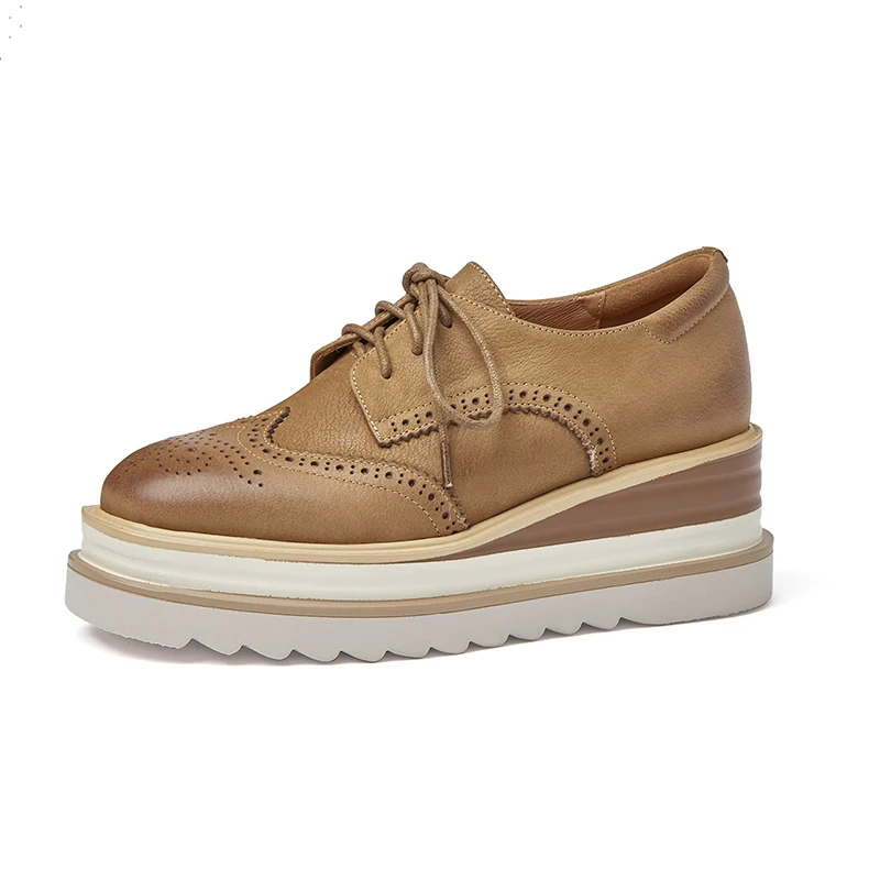 

Women Oxfords Basic Shoes Wege Heel Genuine Leather Brogue Shoes Lace-Up Platform Designer Footwear Spring Atumn Simple Pumps