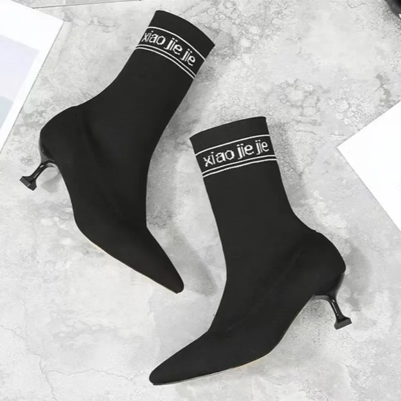 

2024, весенне-осенние женские ботильоны из эластичной ткани, пикантные модные женские носки на высоком каблуке с острым носком, туфли-лодочки в стиле алфавита