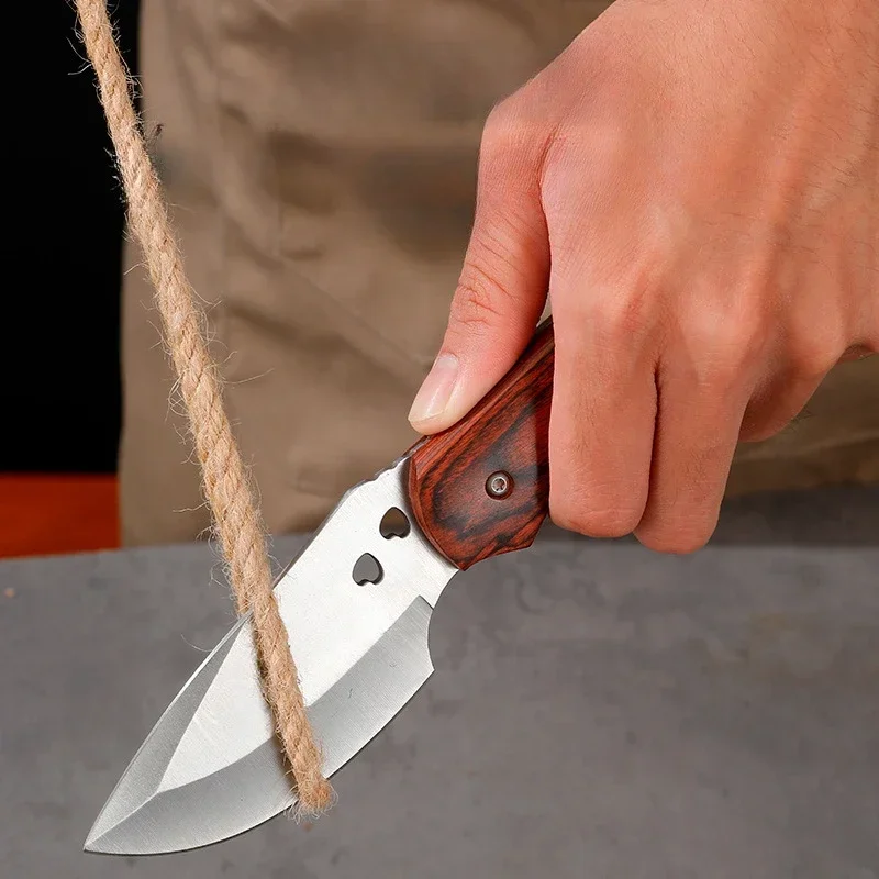 Outdoor Portable Straight Knife with Knife Cover, Stainless Steel Blade, Wooden Handle, Camping and Tourism Outdoor Tools