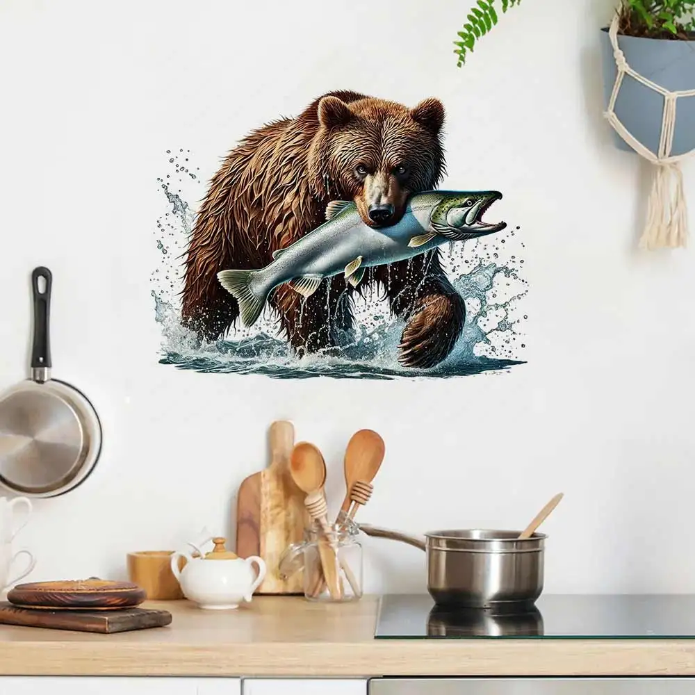 Grizzly Bear Catching Salmon Stickers Decoration for Living Room, Wall, Bedroom, Toilet and Home Decor Waterproof Decals M1599