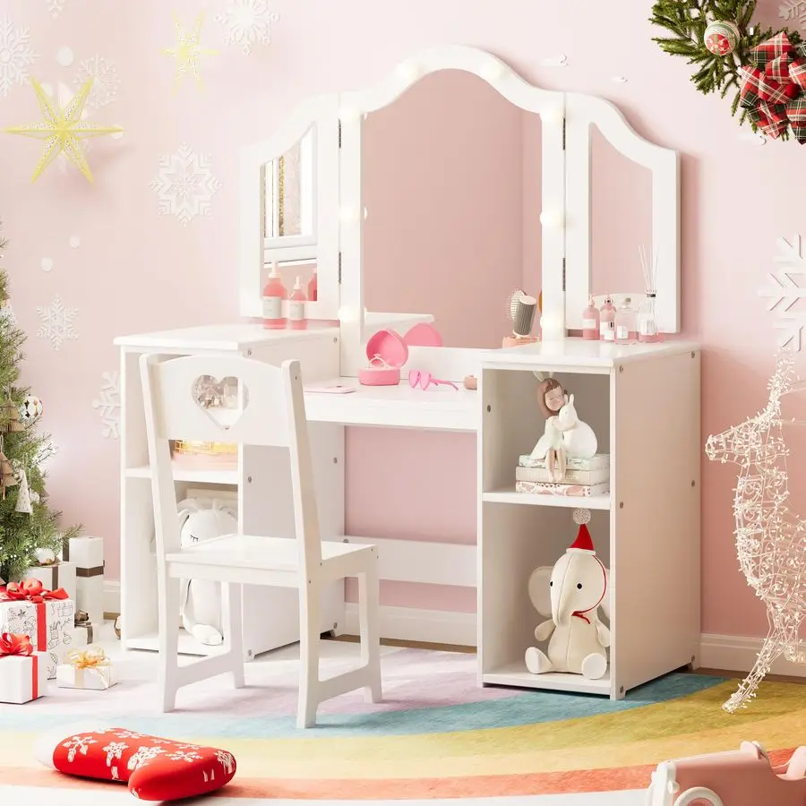 

Детский туалетный столик с подсветкой, шкаф для хранения усилителя, сенсорный светильник, съемное трехскладное зеркало, туалетный столик для малышей 2 в 1, набор стульев с усилителем