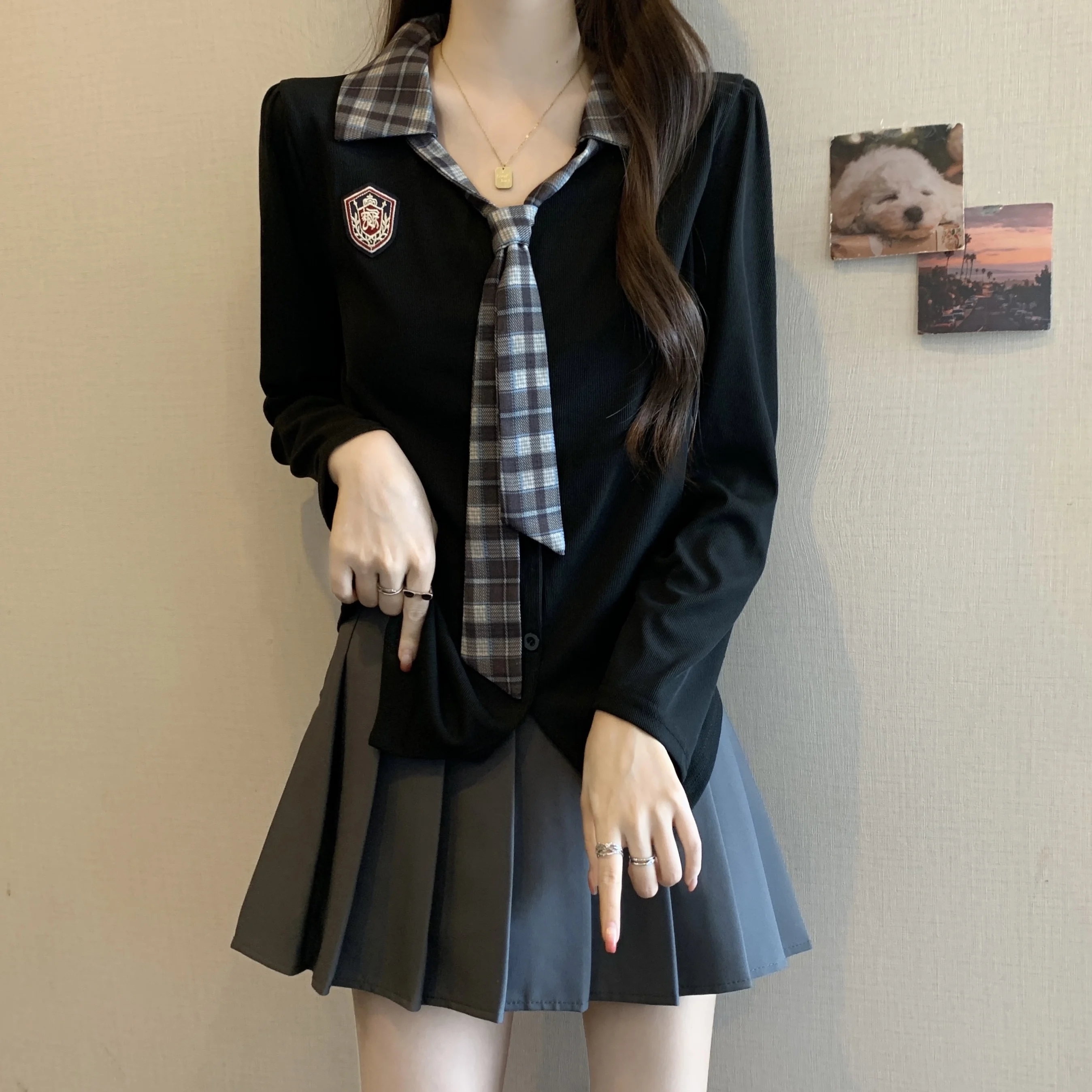 

Slimming Effect Spring Faion Design Color Blo College Sle Tie Ne irt Long Sve T-irt Women Cute Sle Sweet Youth