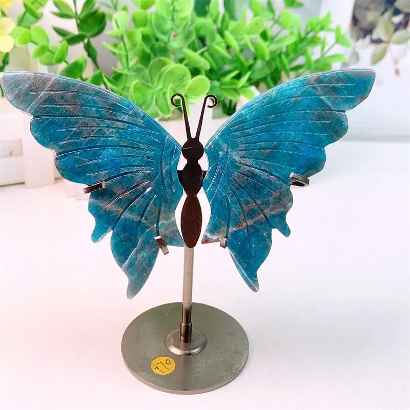Natural Blue Apatite Butterfly Wing Carving Healing Fengshui Crafts For Home Decoration Festival Gift 1pair