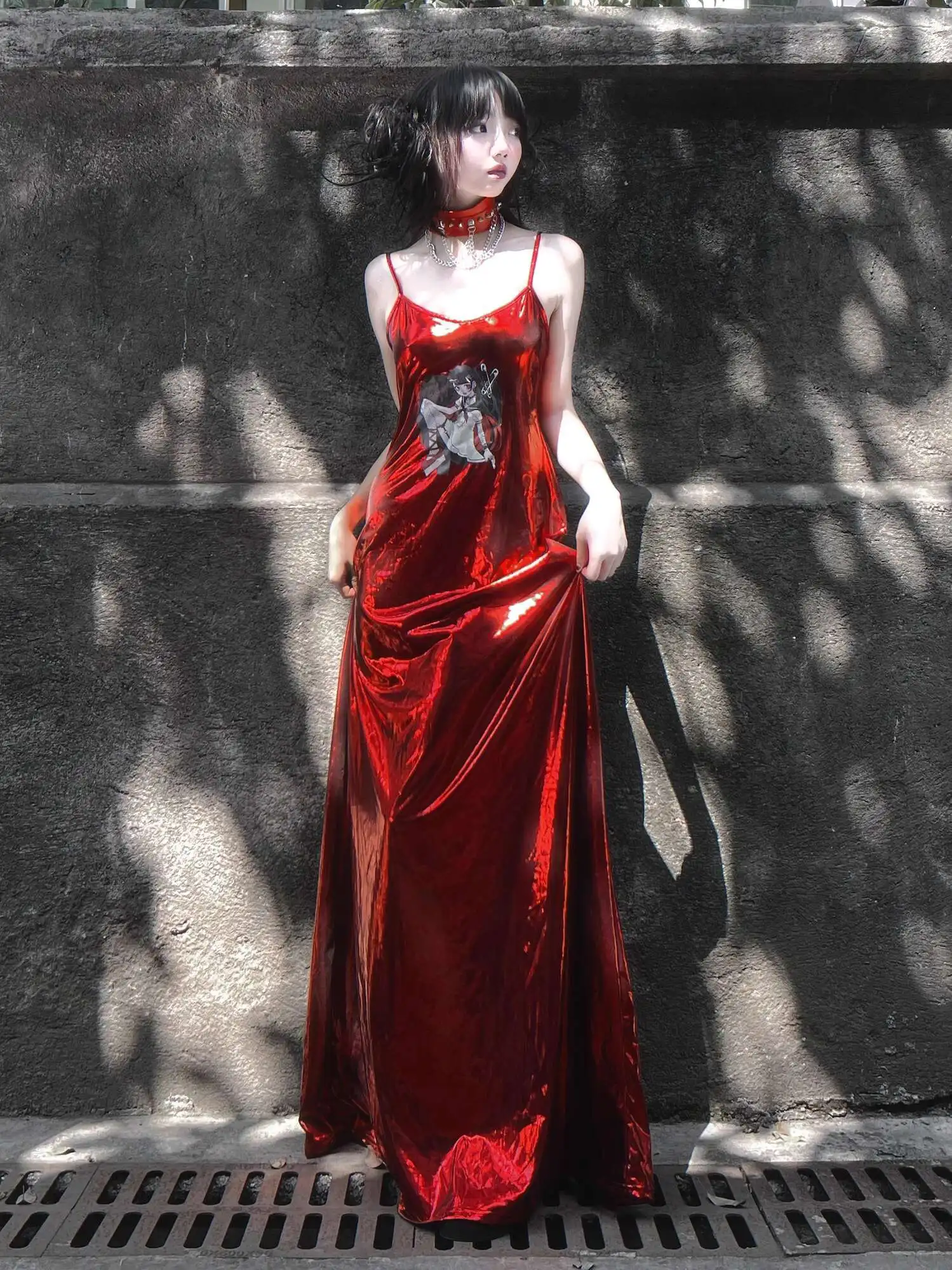 

Upgraded Stunning Wine Red Hot Stamping Dress, Sexy Spicy Girl, Backless Suspender, Vacation Floor Length Long Skirt