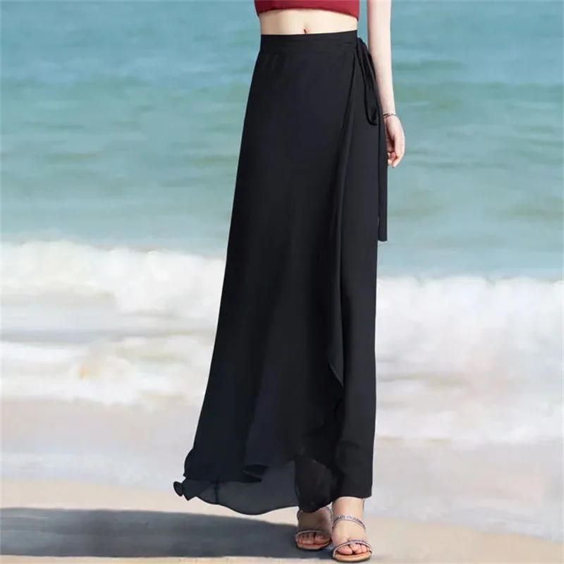 Lace-Up Summer Skirt Holiday style Chiffon Halfskin Skirt Women's 2026 Summer New Thin Dropping Long Wrapped Hip Skirt Khaki Bla