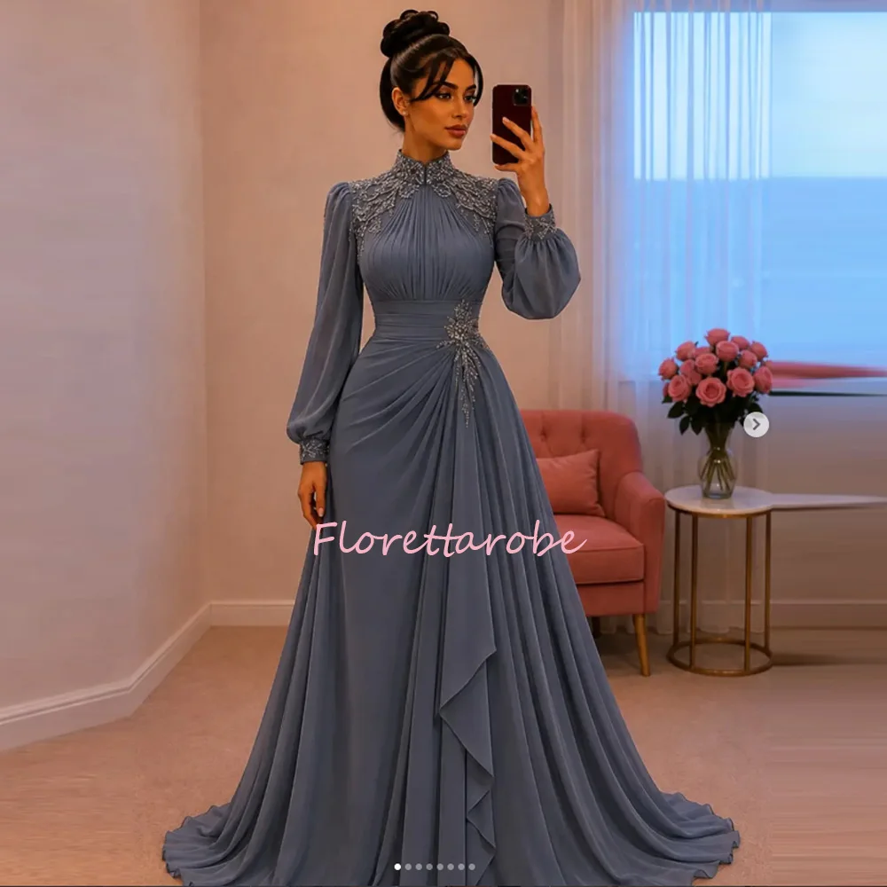 Maßgeschneiderte Elegante Hochhals-Chiffon Muslimische Abendkleider Spitze Arabische Formelle Party-Ballkleider Lange Ärmel