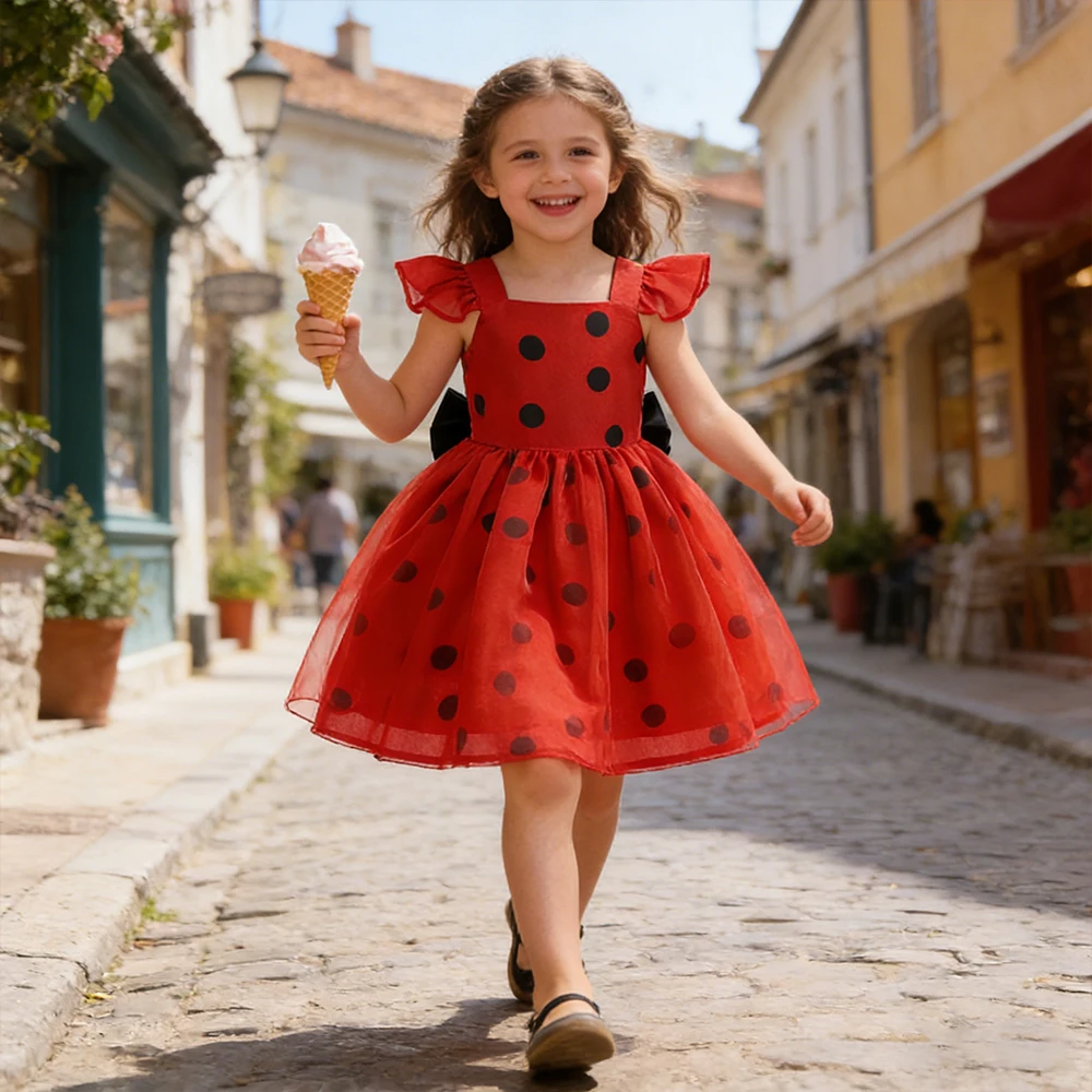 

Летнее платье с рукавами-крылышками для девочек, платье принцессы в горошек, детская повседневная одежда с бантом для отпуска, детское сетчатое платье, 0-6 лет