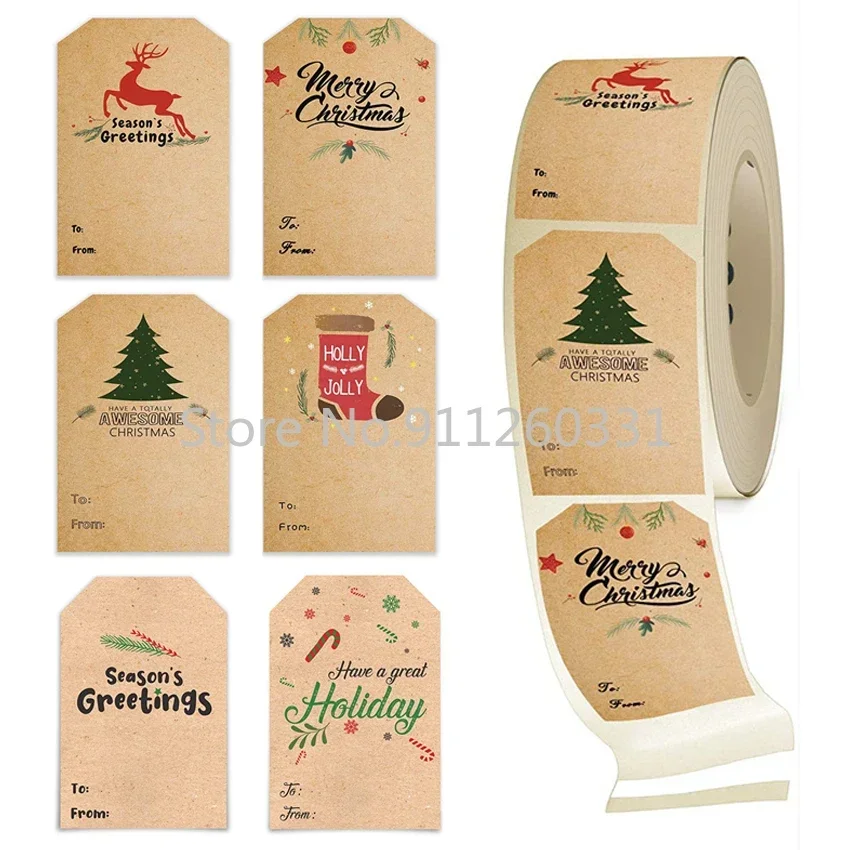 50-100pcs 5*7.5cm Merry Christmas Gift tags Sticker Kraft Paper Handwritten Name Christmas Tree Elk Label DIY Party Scrapbook