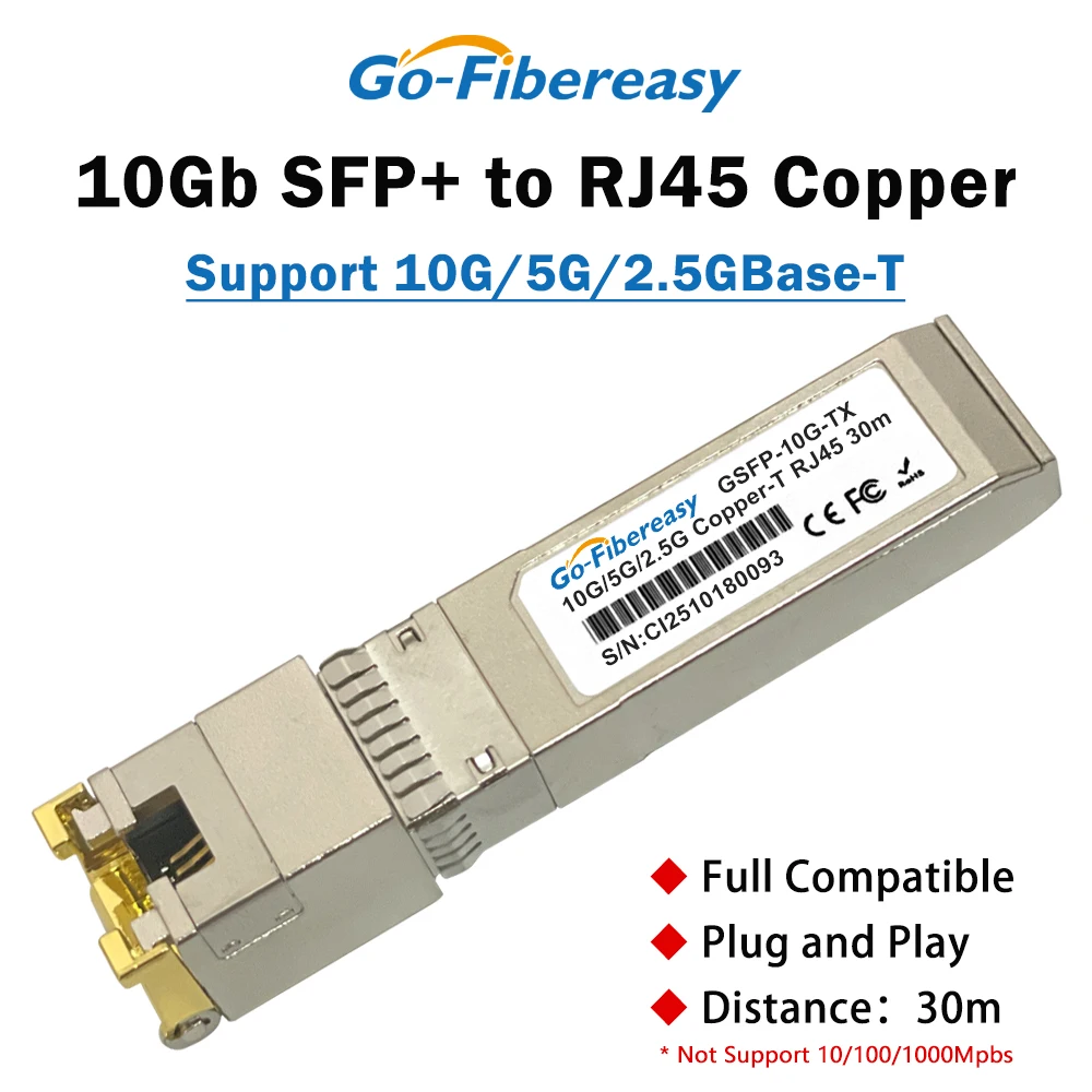 Módulo de cobre 10G RJ45 SFP transceptor de puerto RJ45 10G/5G/2,5G 10GBase-T RJ45 Compatible con con conmutador Ethernet Cisco/Mikrotik/ZTE