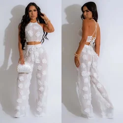 Sexy Crop Mesh Tops Two Piece Pant Set Outfits Matching Sets 2024 Women Y2K Streetwear Elegant Flower 2 Piece Summer Set