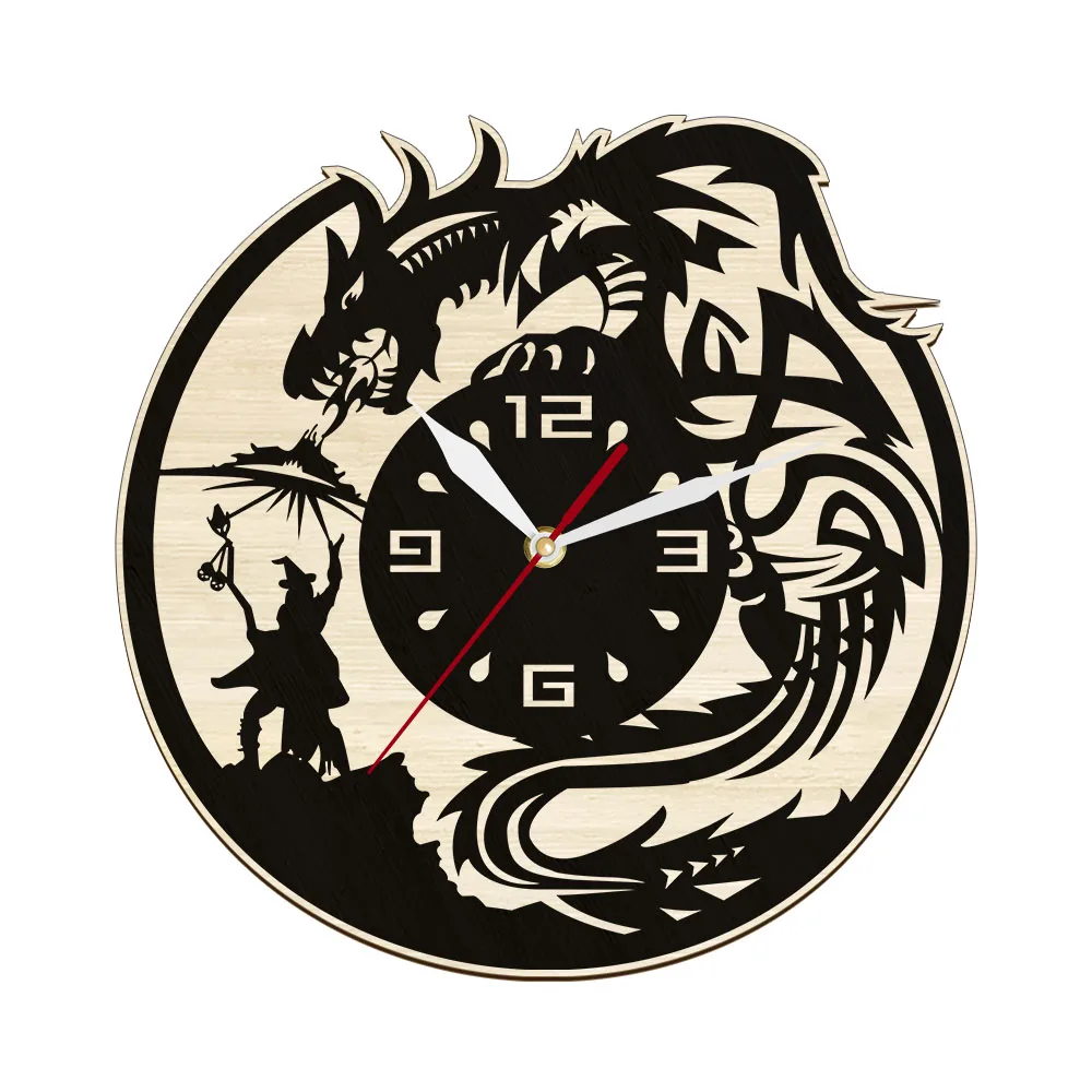 Dungeon Master Wargaming Wooden Wall Clock Fantasy Rusic Home Decor Tabletop Game Dragon Clock Wall Watch Made Of Natural Wood