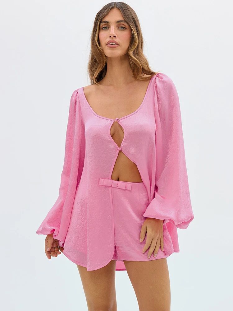 

Mozision модный комплект из двух предметов, женская блузка с длинным рукавом и шорты, одинаковые комплекты, женские элегантные свободные повседневные короткие комплекты, женские комплекты