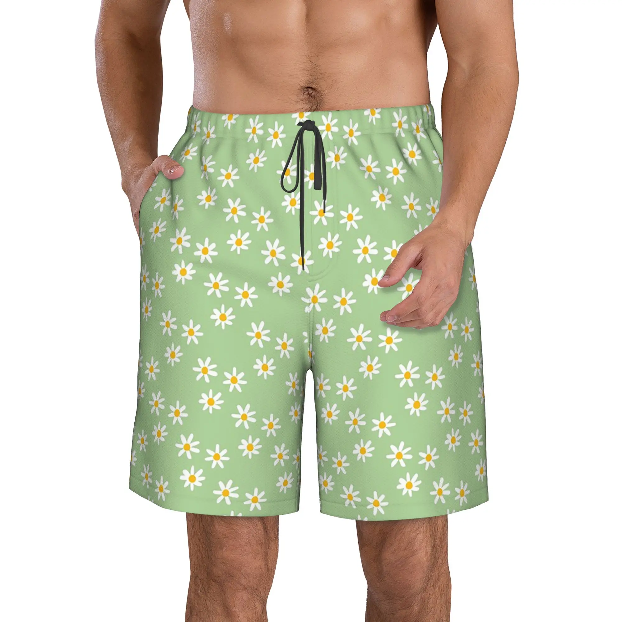 Macaron Colour Green Daisy Pattern Trunks Beach Board Shorts Casual Quick Dry Swim Summer Men Pants